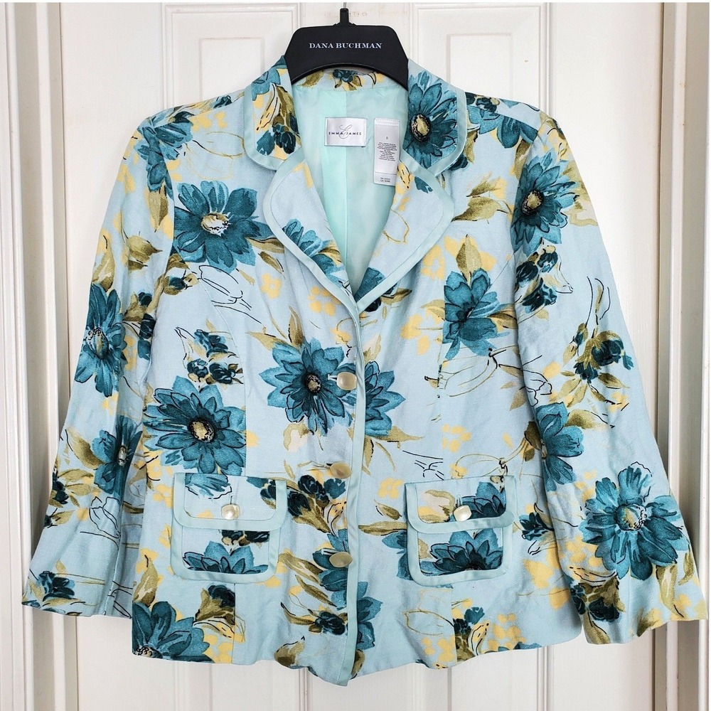 Emma James Floral Linen Blend Blazer Blue Green Spring Garden Party‎ Size 8